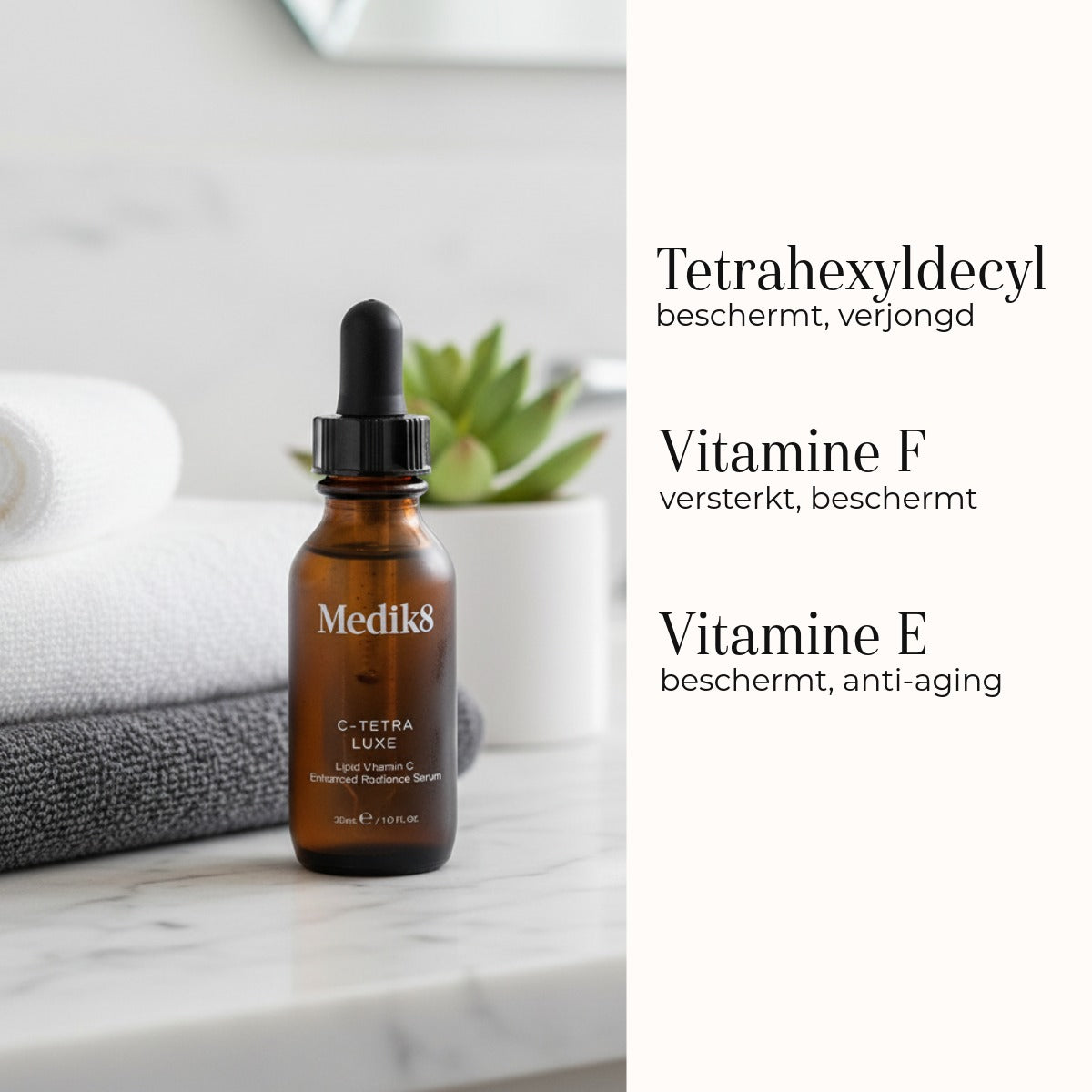Medik8 C-Tetra Luxe 30ml ingrediënten tetrahexyldecyl, vitamine F en vitamine E