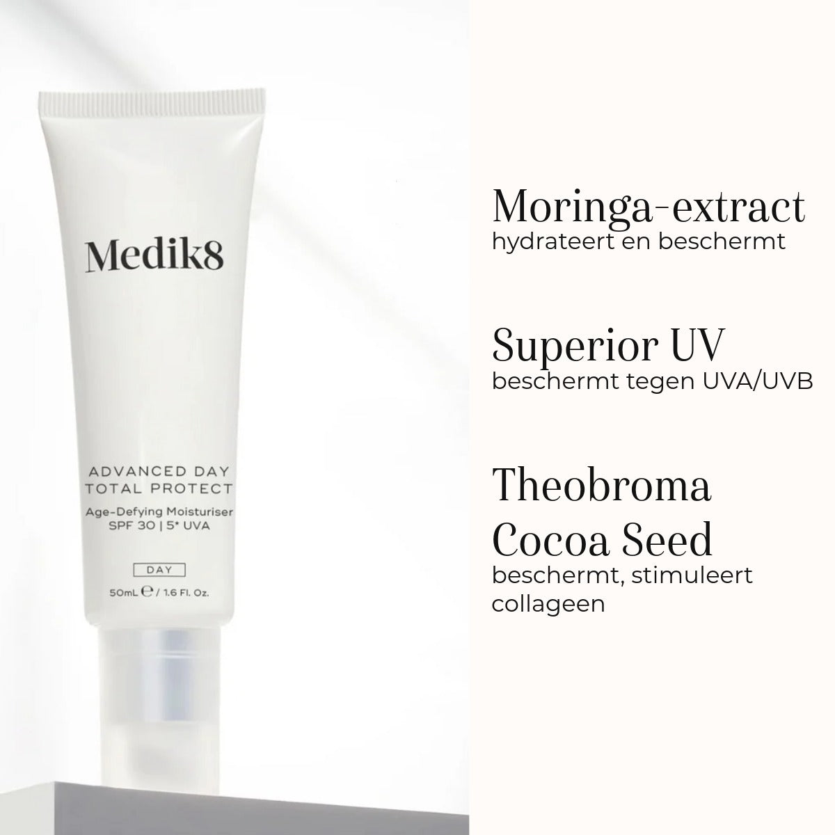 Medik8 Advanced Day Total Protect SPF 30 ingrediënten moringa en cacaozaad