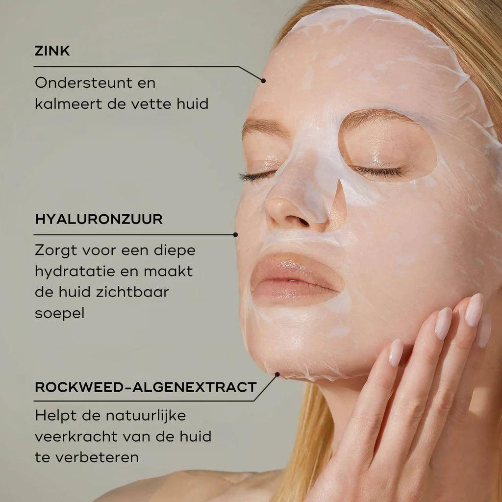 Medik8 Ultimate Recovery Bio-Cellulose Mask model met masker en ingrediënten