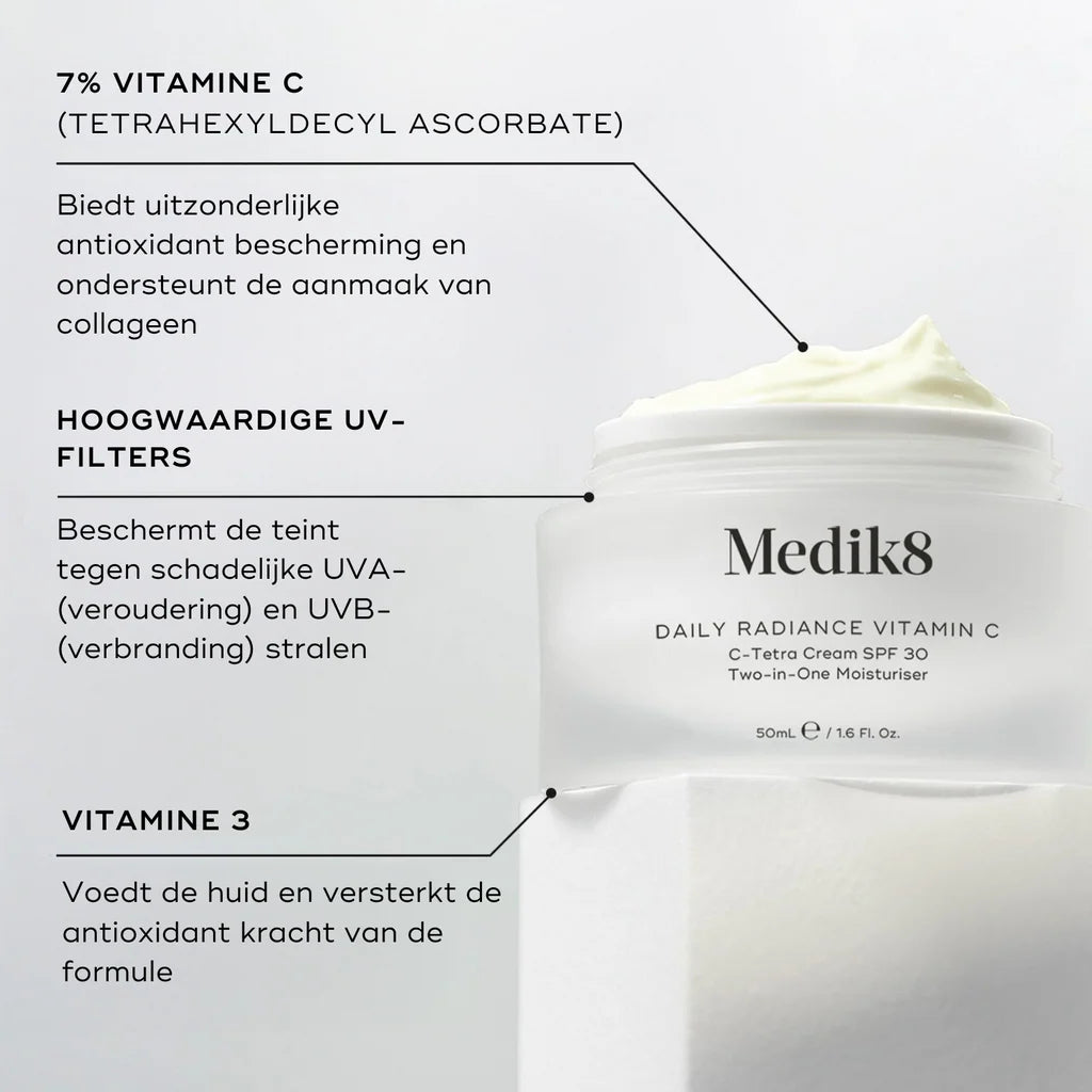 Medik8 Daily Radiance Vitamin C 50ml ingrediënten 7% vitamine C en UV-filters