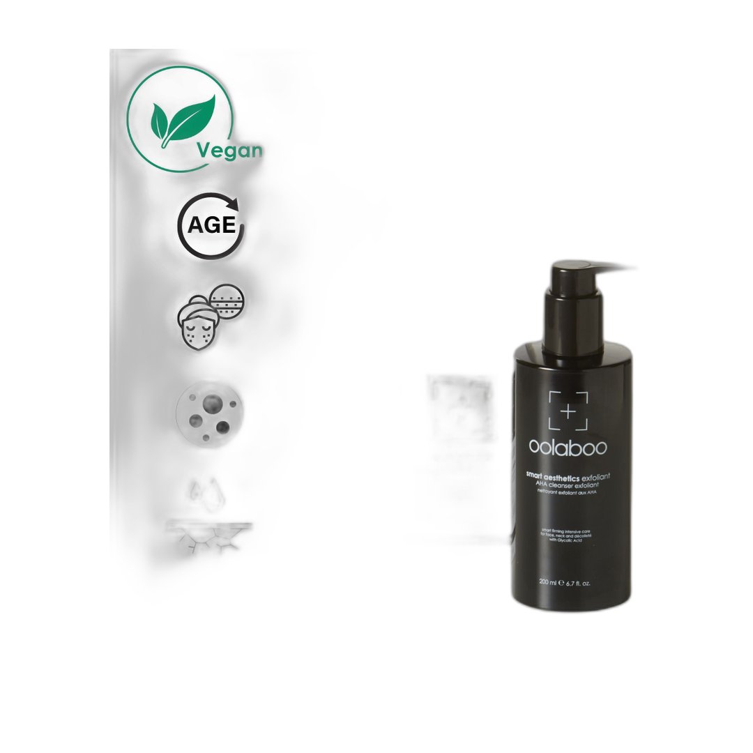 Oolaboo Smart Aesthetics AHA Cleanser flacon met vegan- en werkingsiconen