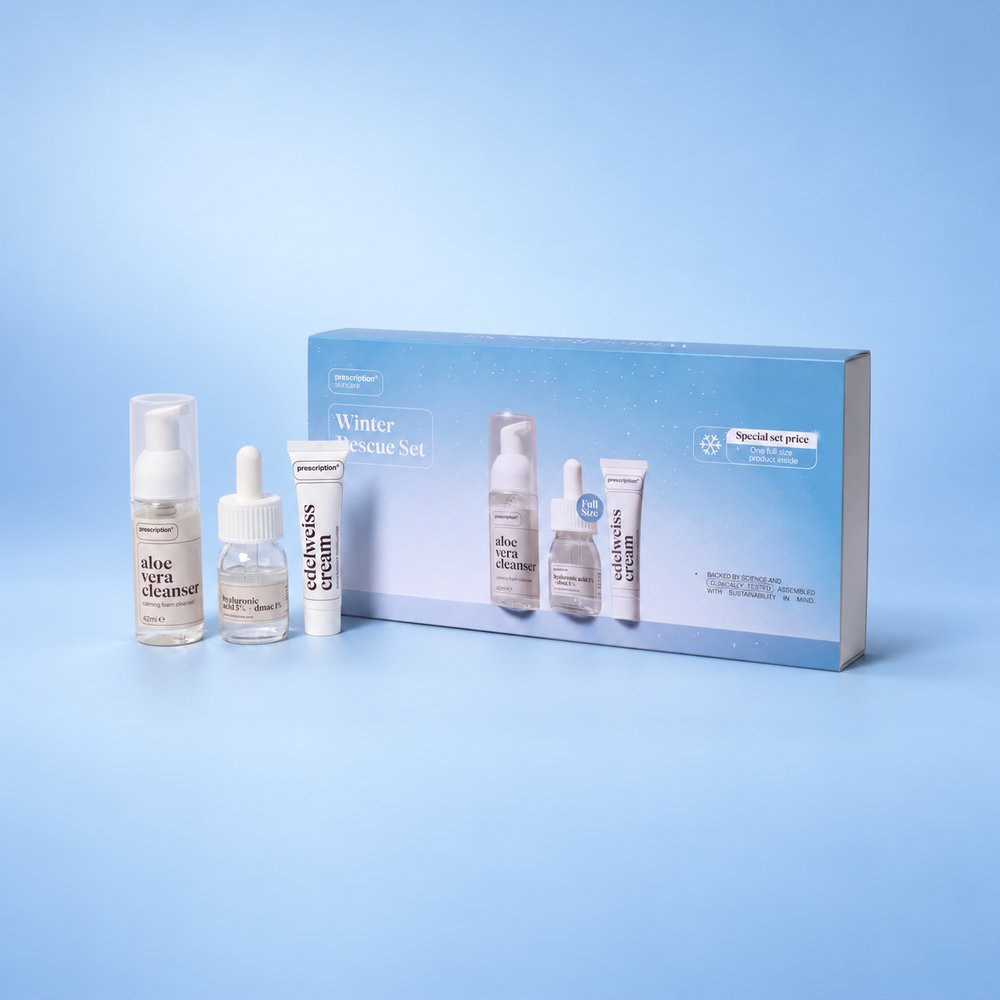 Prescription Winter Rescue Set doos en producten op blauw