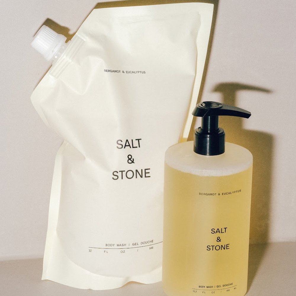 Salt & Stone Body Wash Bergamot & Hinoki navulverpakking en flacon